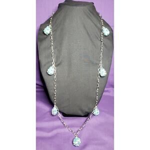Liz Claiborne Signed Long Silver Tone Necklace With 7 Blue & Green Egg Charms